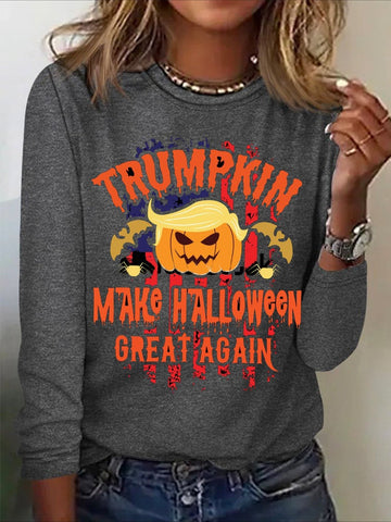 Halloween Print Long Sleeve Crew Neck Regular Fit Top