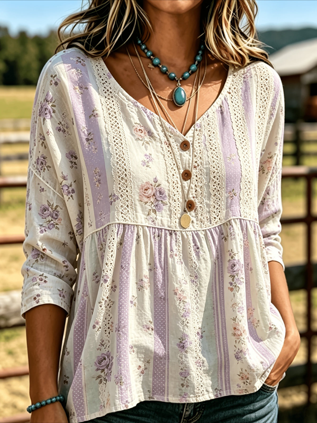 Floral Print 3/4 Sleeve V-Neck Three-Button Front Babydoll Blouse