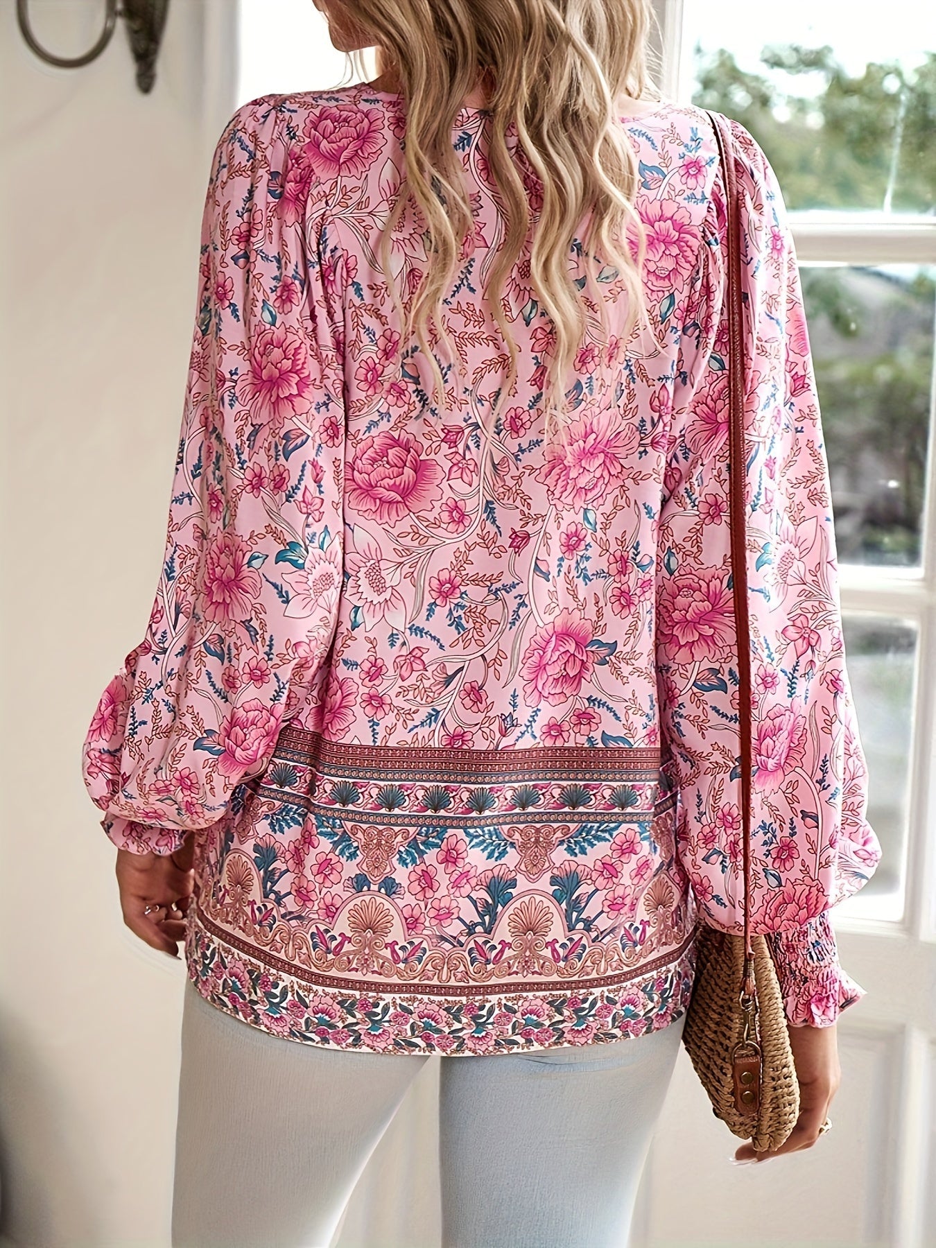 Vibrant Floral Print Tie Neck Blouse - Soft Micro Elastic Polyester Fabric, Casual Long Sleeve Shirt