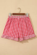 Red Gingham Print Ruffle Striped Detail Lace Tie Shorts