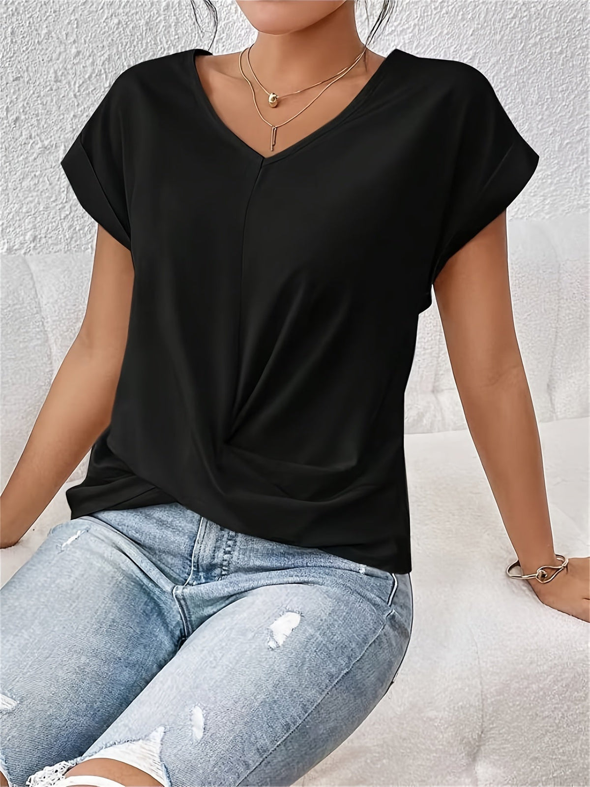 Women's Knot V Neck T-Shirt - Casual Short Sleeve Top
