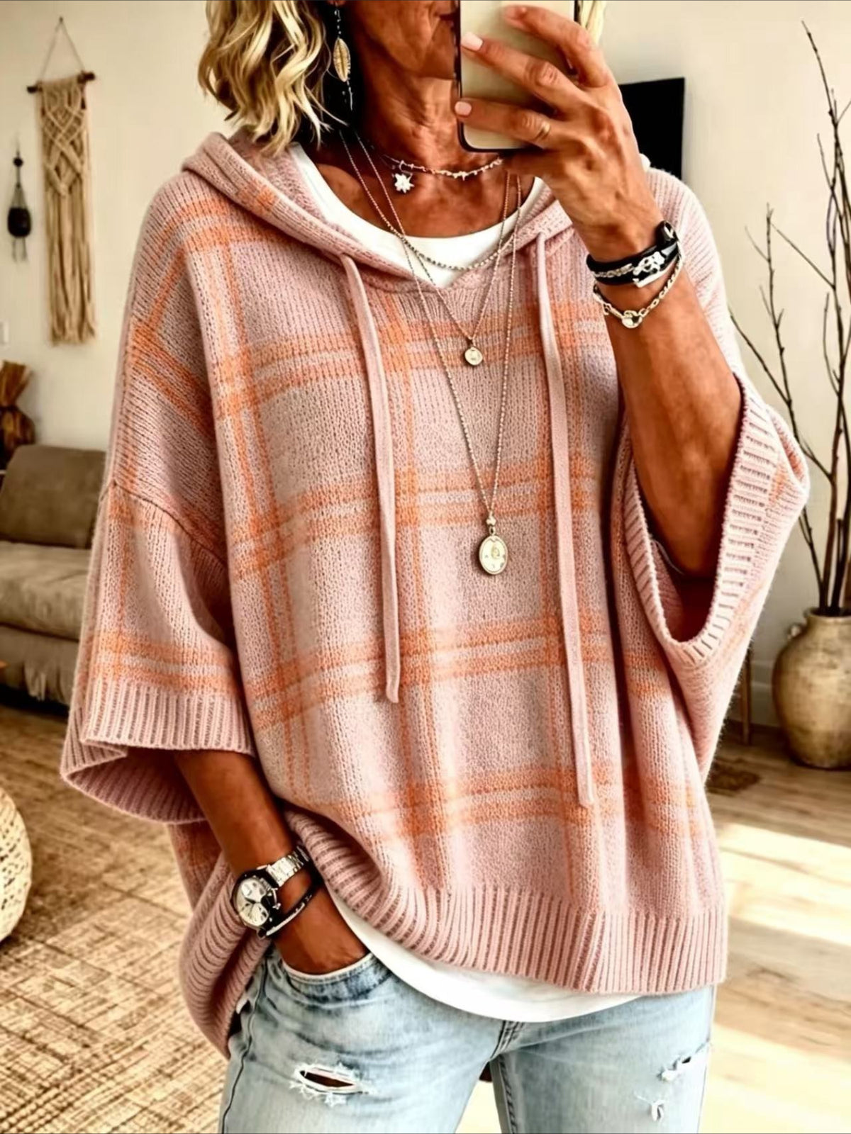 Plaid Hooded Knit Poncho Sweater with Drawstring