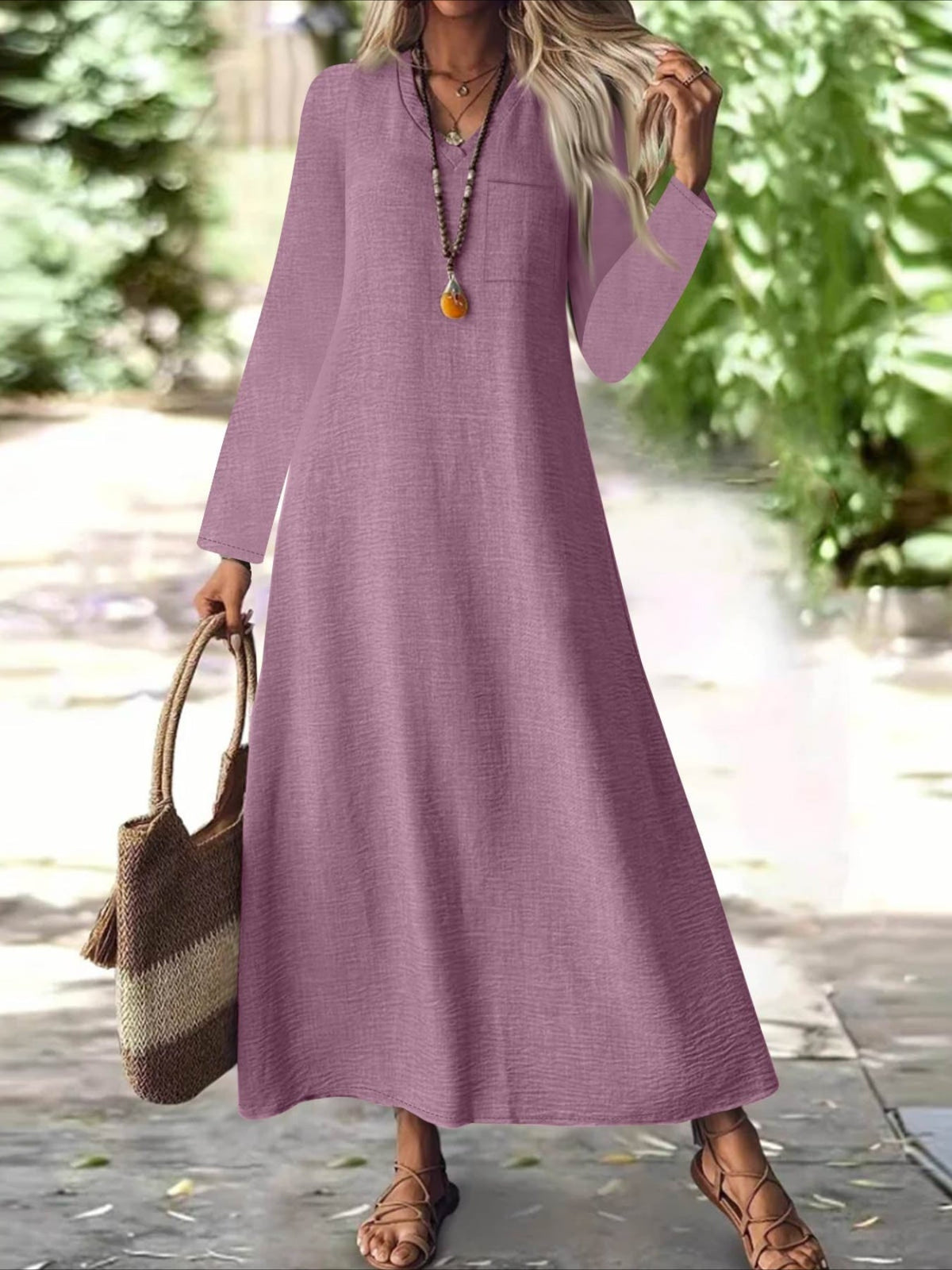 Back Zipper Solid Color Long Sleeve Cotton and Linen Dress