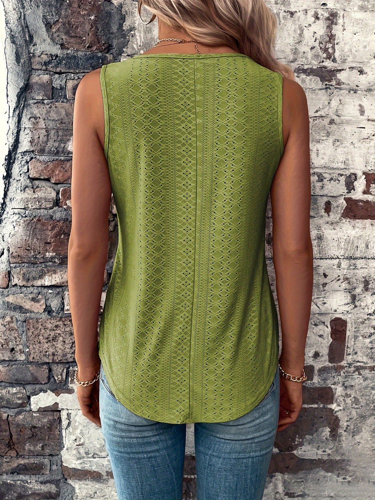 Eyelet Solid Tank Top, Casual V Neck Summer Sleeveless Top