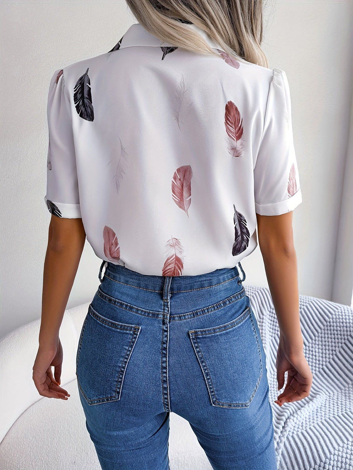 Feather Print Button Front Shirt, Casual Lapel Short Sleeve Shirt