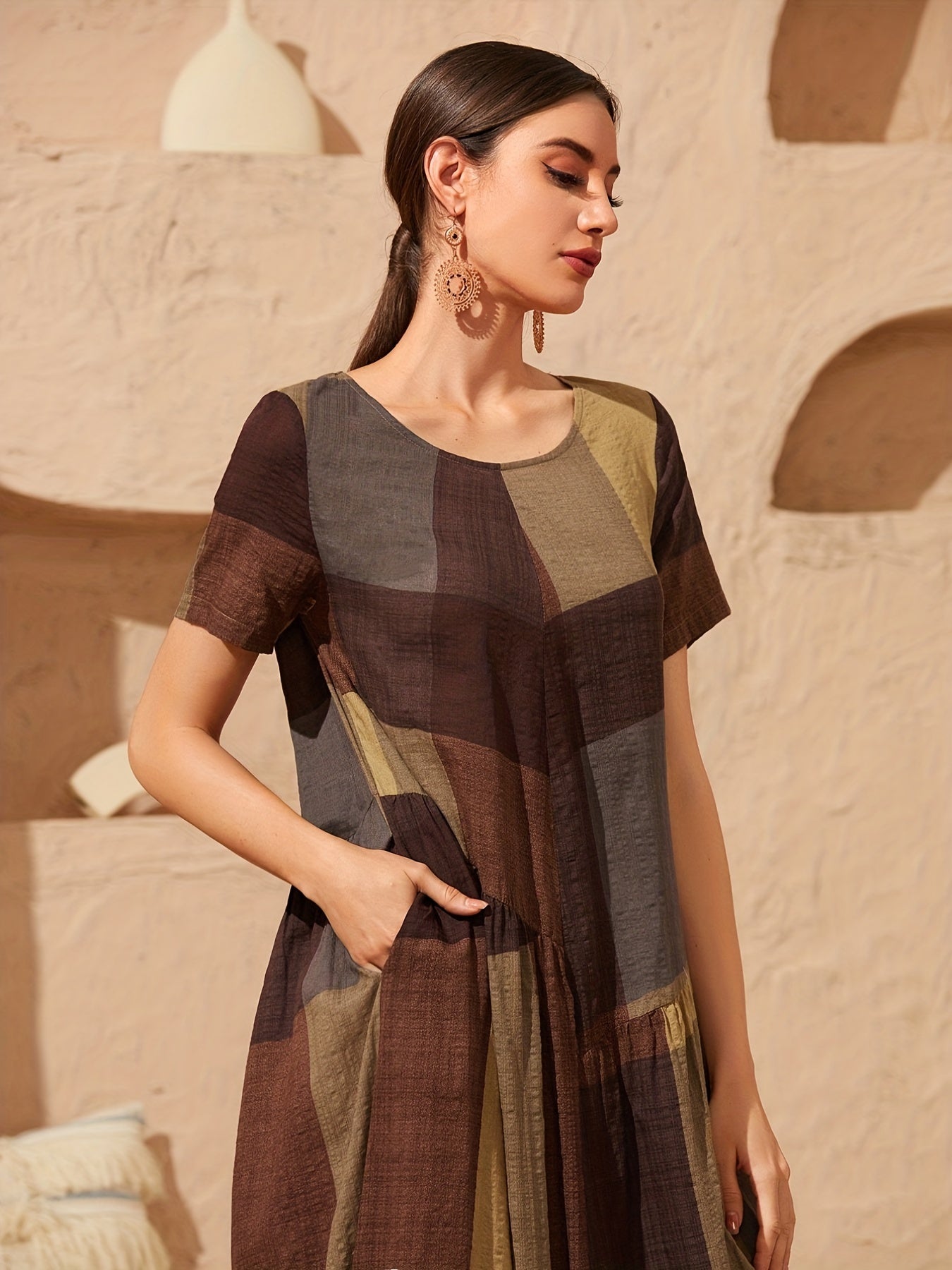 Loose Color Block Dress, Crew Neck Short Sleeve Vacation Dress, Casual Every Day Dress