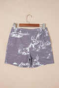 Gray Western Print Elastic Waist Cotton Denim Shorts