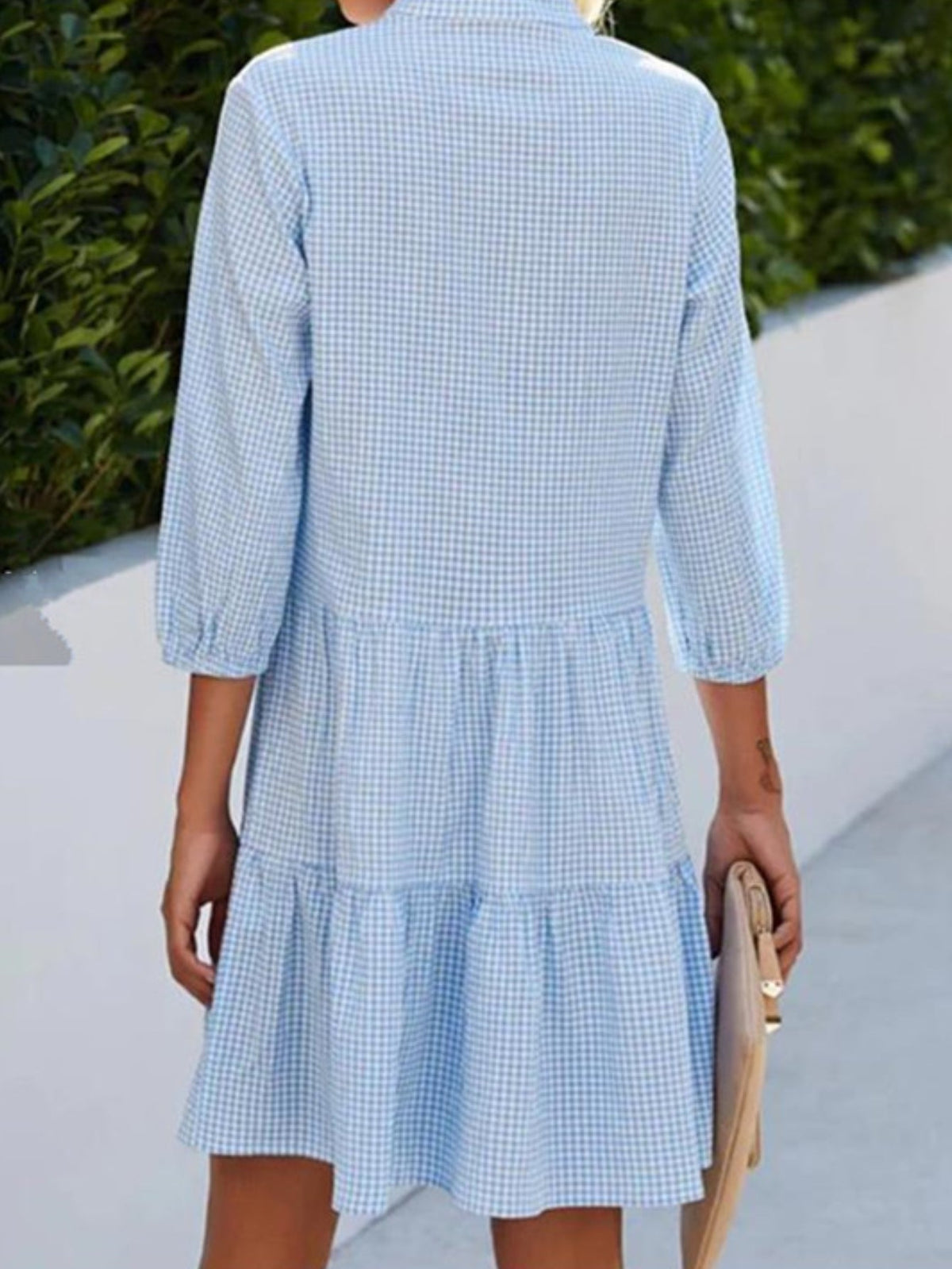 Plaid Buckle Stand Collar Casual Tunic Dress