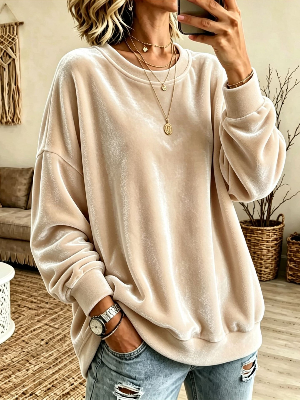 Crew Neck Drop Shoulder Velvet Sweatshirt