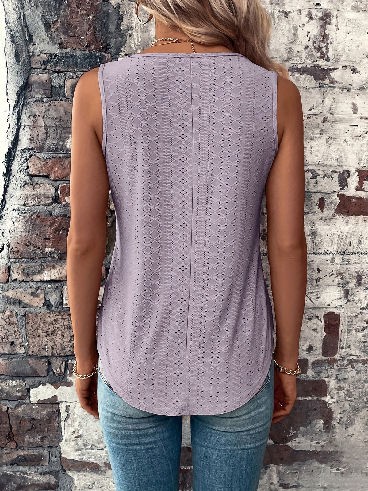 Eyelet Solid Tank Top, Casual V Neck Summer Sleeveless Top