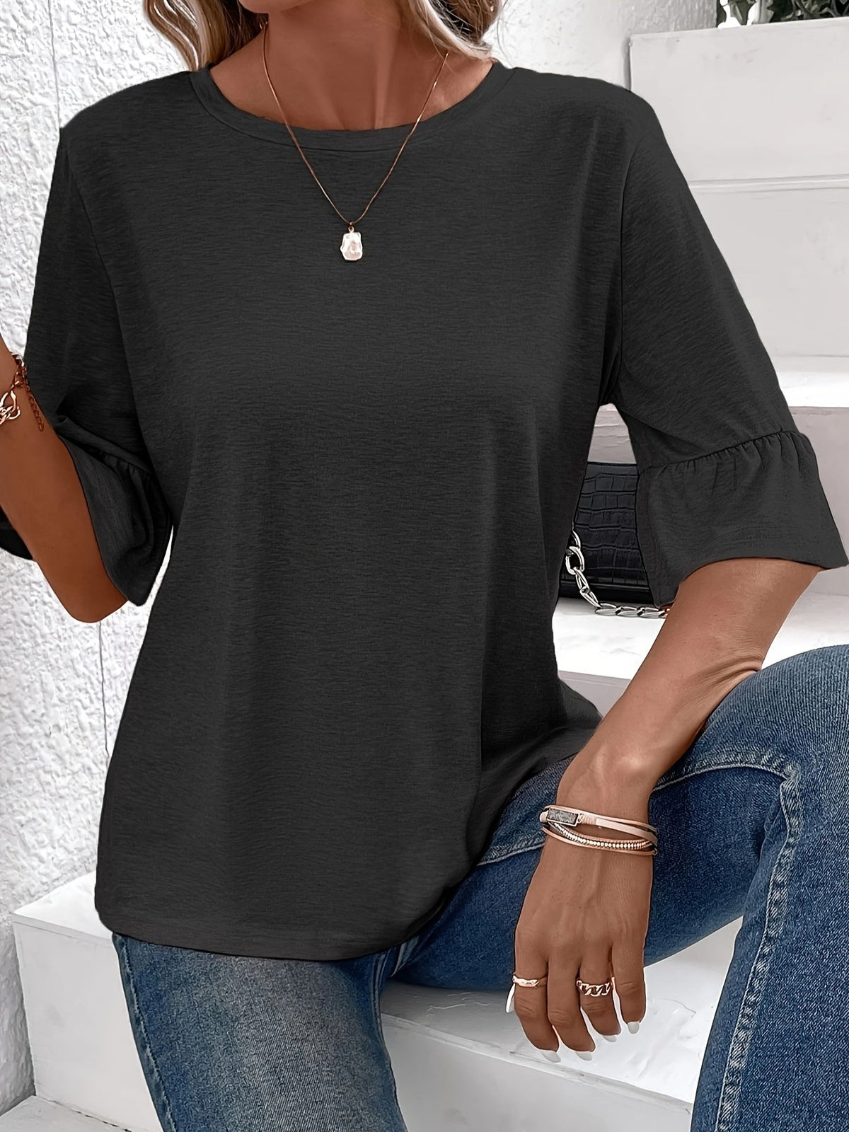 Women's Casual Flare Sleeve T-Shirt - Soft and Comfortable Solid Color Crew Neck Tee