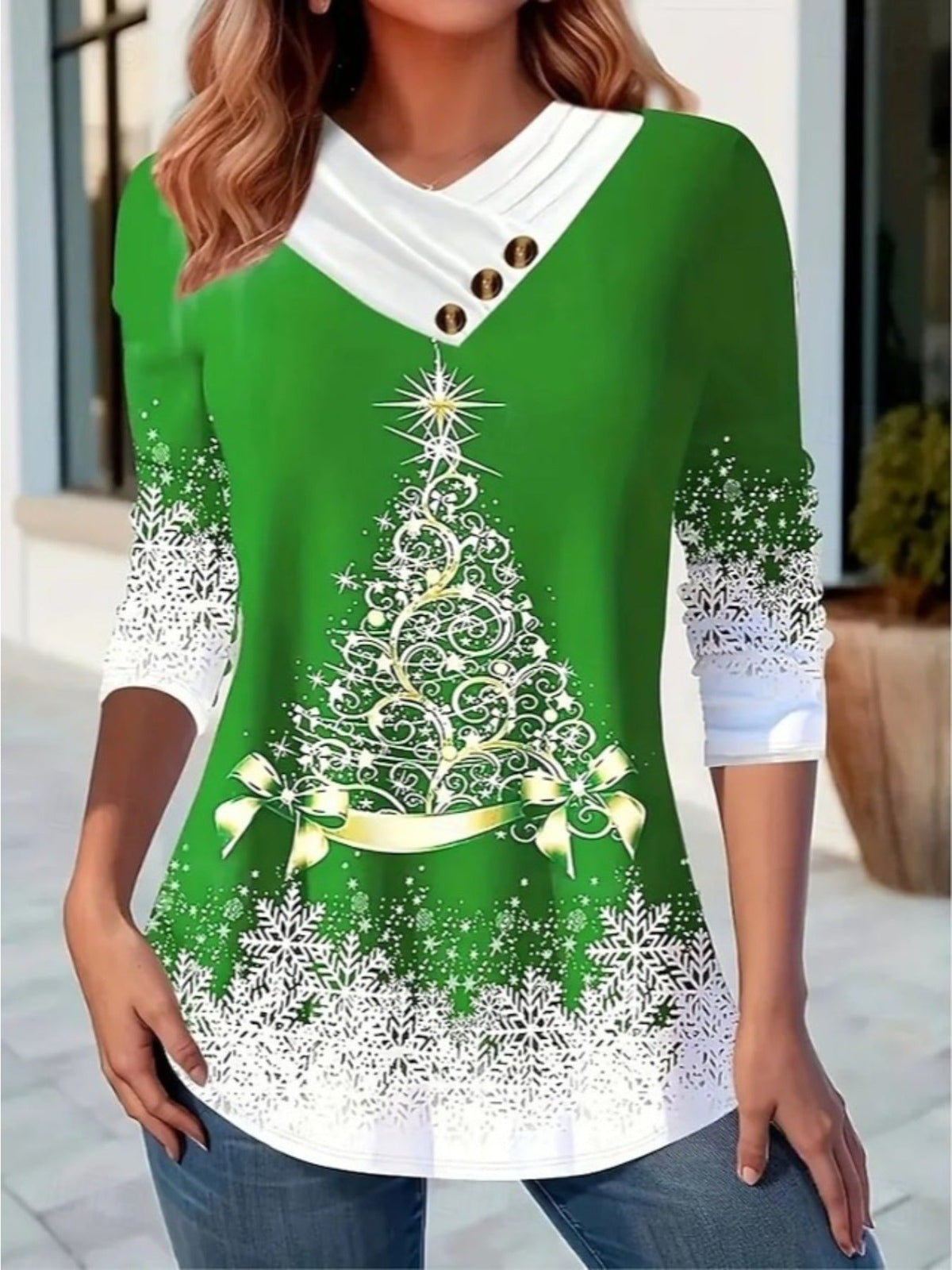 Christmas Tree Print Button Decor T-shirt, Casual Long Sleeve Plaid Print T-shirt
