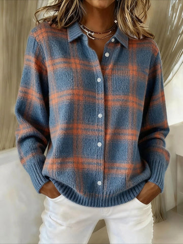 Checkered Printing Polo Collar Button-down Knitted Cardigan Sweater