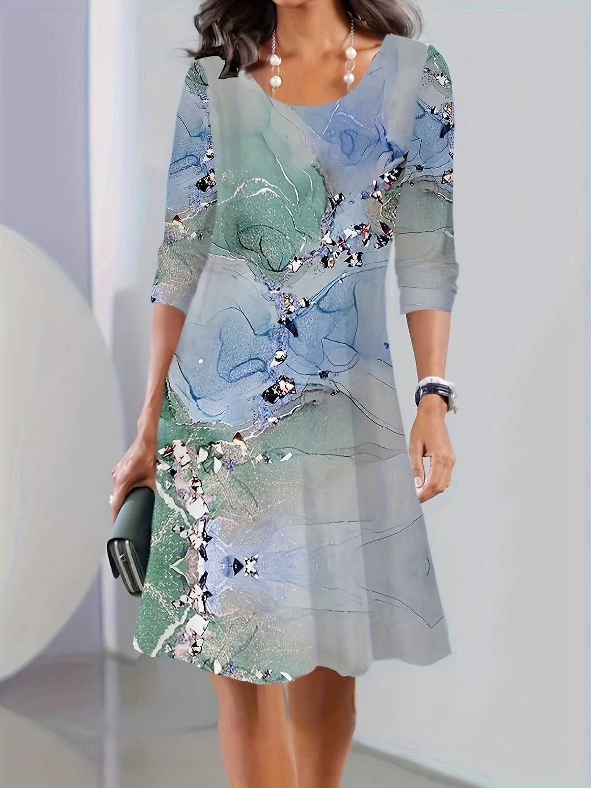 Graphic Print Long Sleeve Dress, Casual Crew Neck Midi Dress