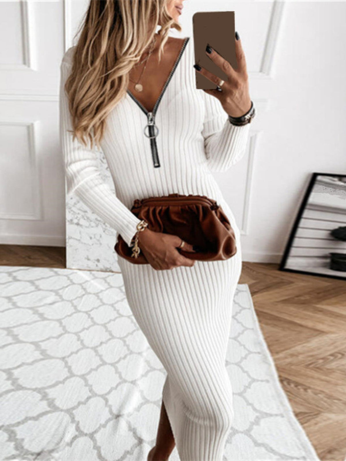 Basic Dress, Women's Solid Ribbed Long Sleeve Zipper V Neck Medium Stretch Bodycon Midi Dress