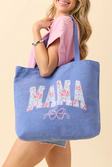 Blue Floral MAMA Letter Bow Print Canvas Tote Bag