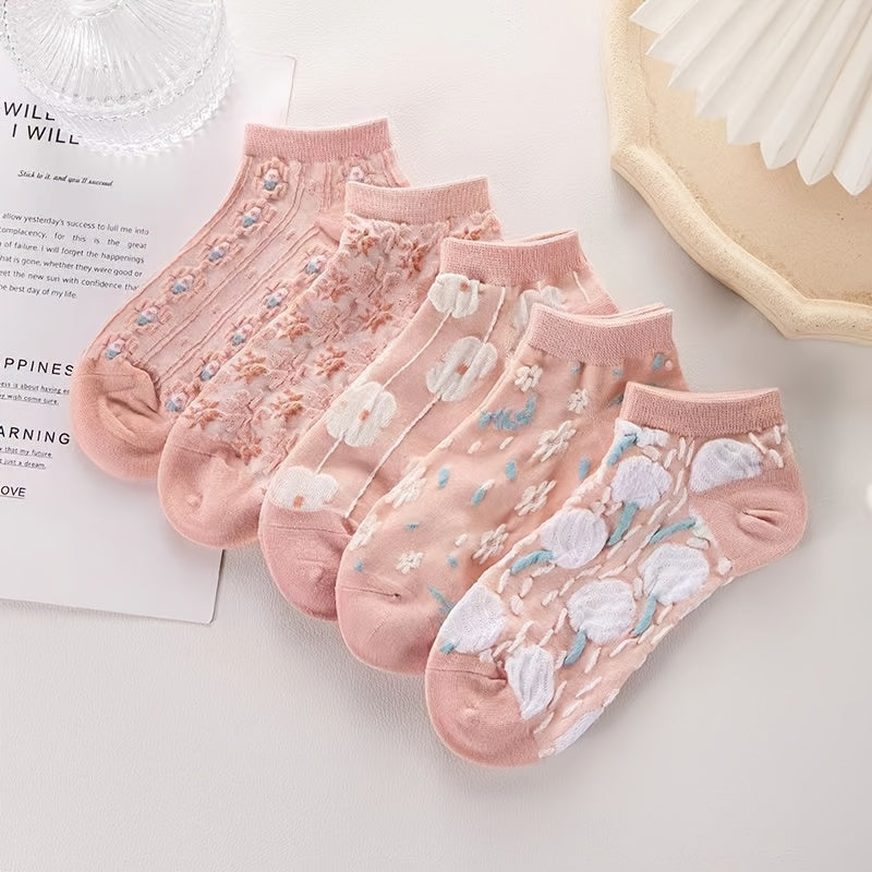 5 Pairs Kawaii Harajuku Flower Printed Socks, Cute JK Low Cut Short Crew Elastic Socks Soft Breathable Sock