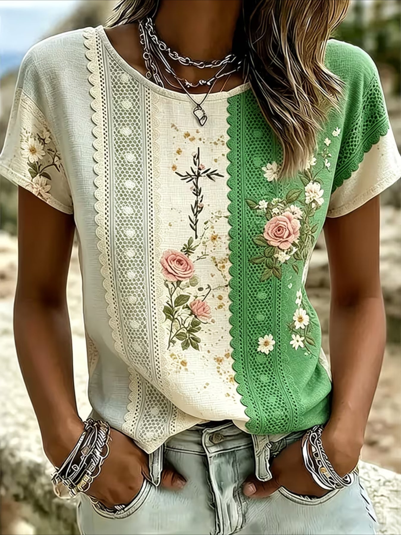 Floral Print Short Sleeve Crew Neck Top with Patchwork Blouse Style