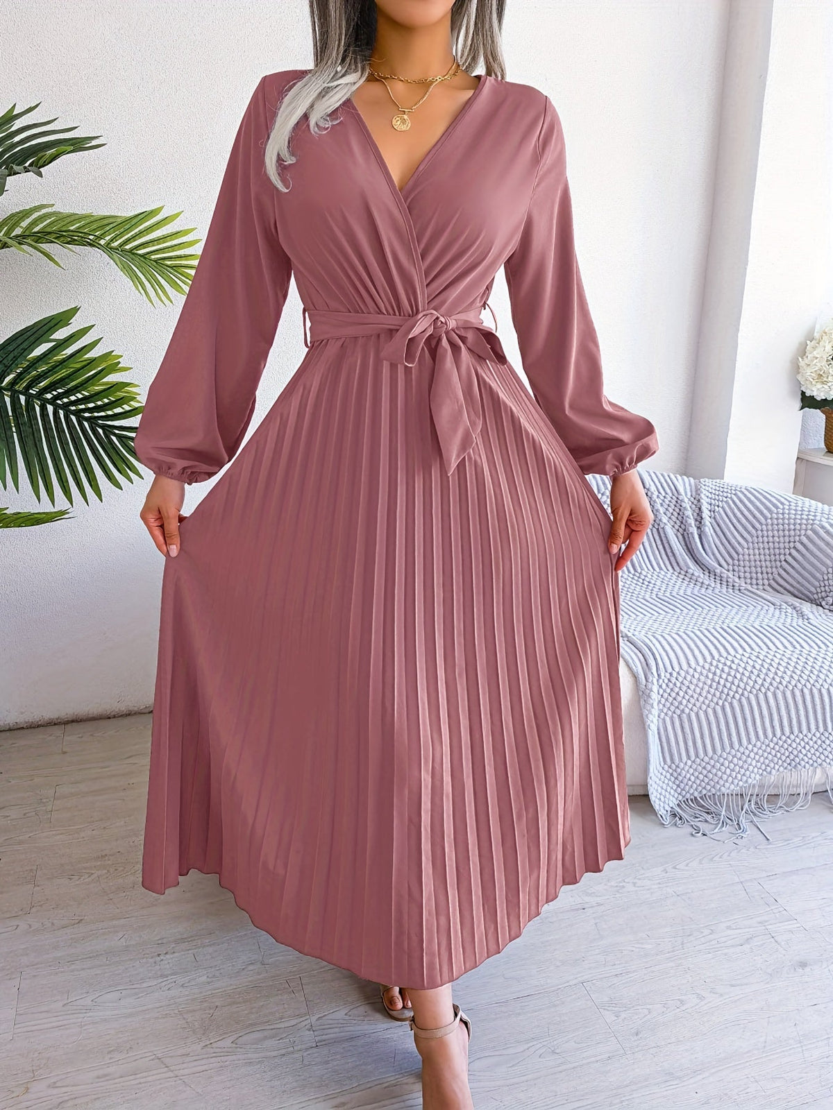 Pleated Surplice Neck Dress, Elegant Long Sleeve Solid Dress, Women's Clothing