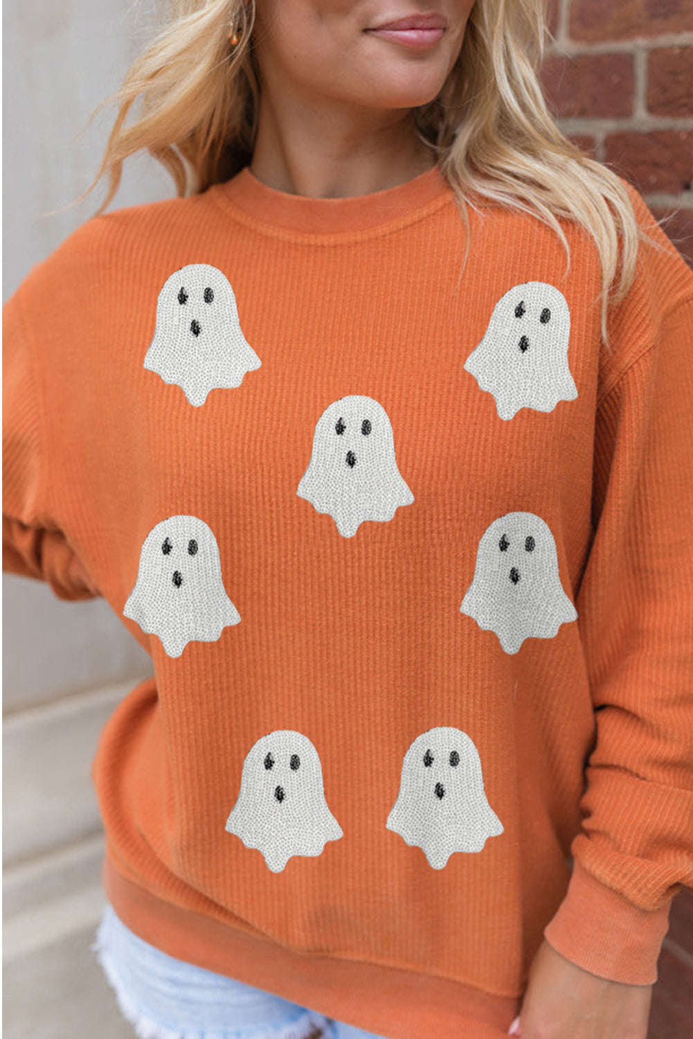 Orange Twisted Ribbed Texture Halloween Ghost Sequin Patched Sweatshirt