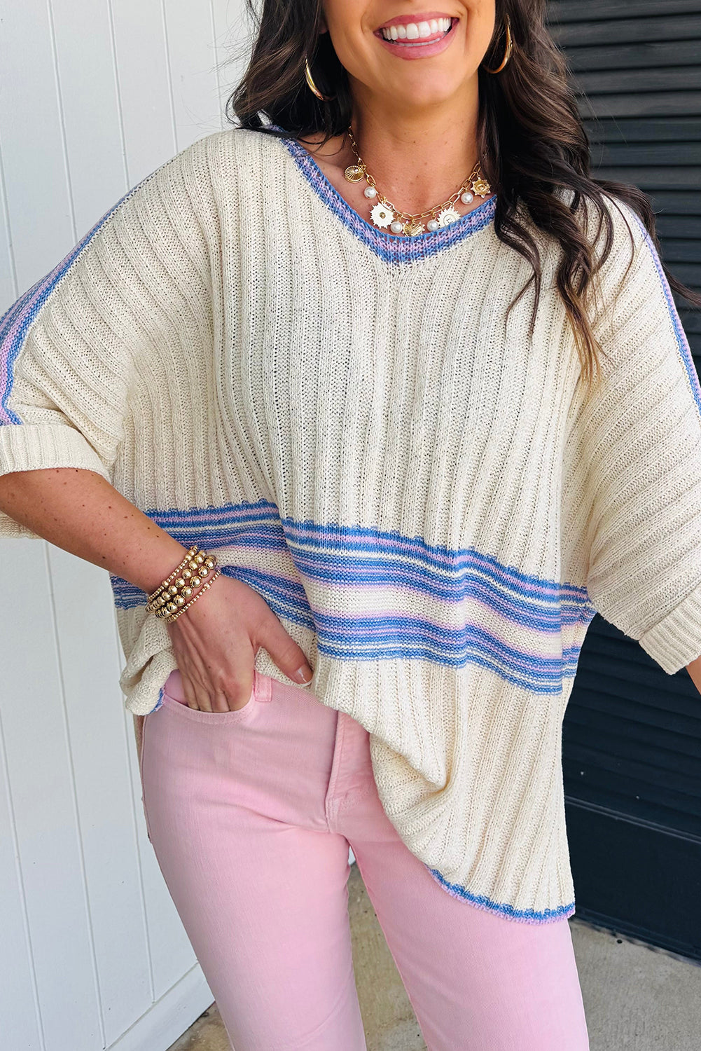 White Striped V Neck Dolman Sleeve Rib Knit Oversized Sweater with Slits
