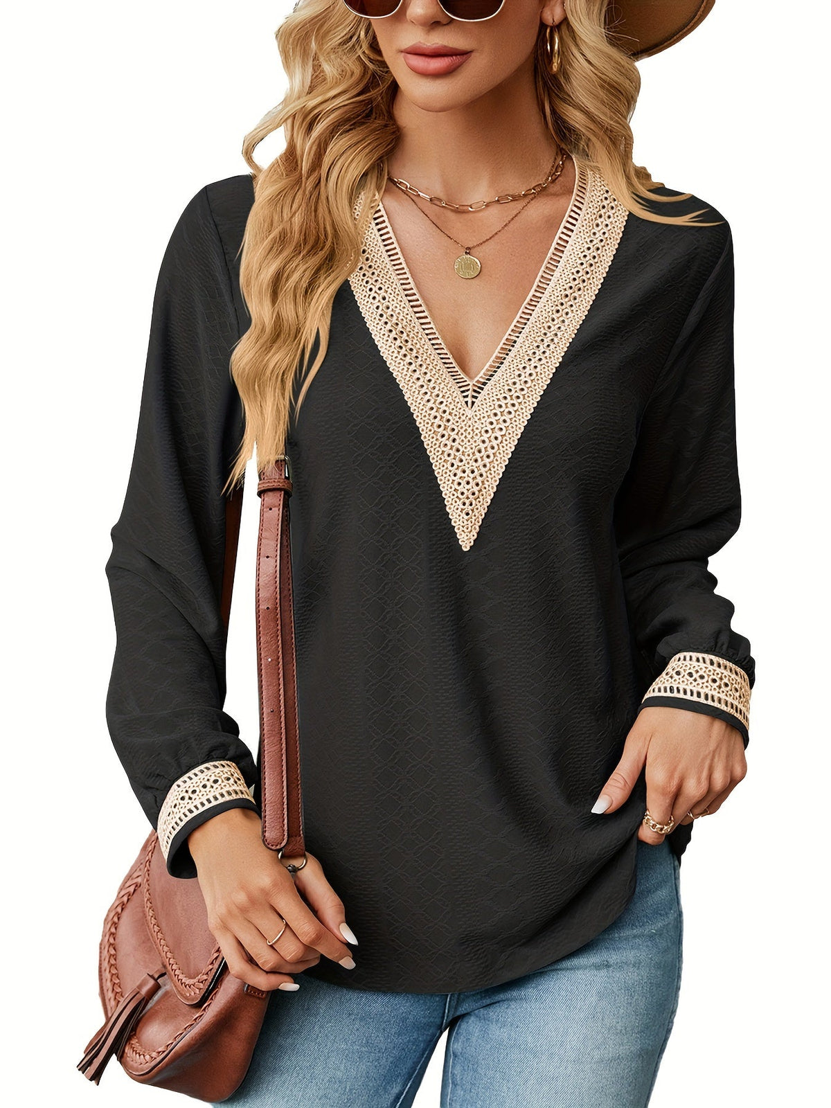 Casual Blouses Lace V Neck T Shirts Dressy Fall Long Sleeve Business Tunic Tops