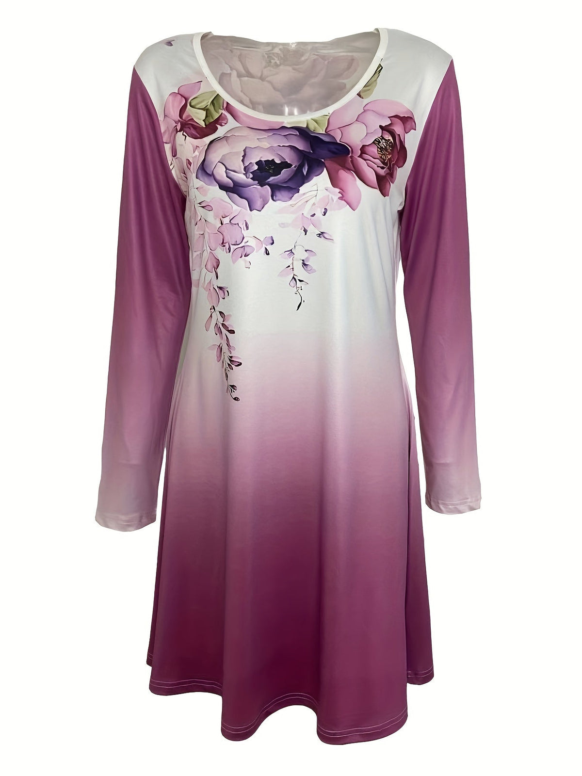 Graphic Print Long Sleeve Dress, Casual Crew Neck Midi Dress
