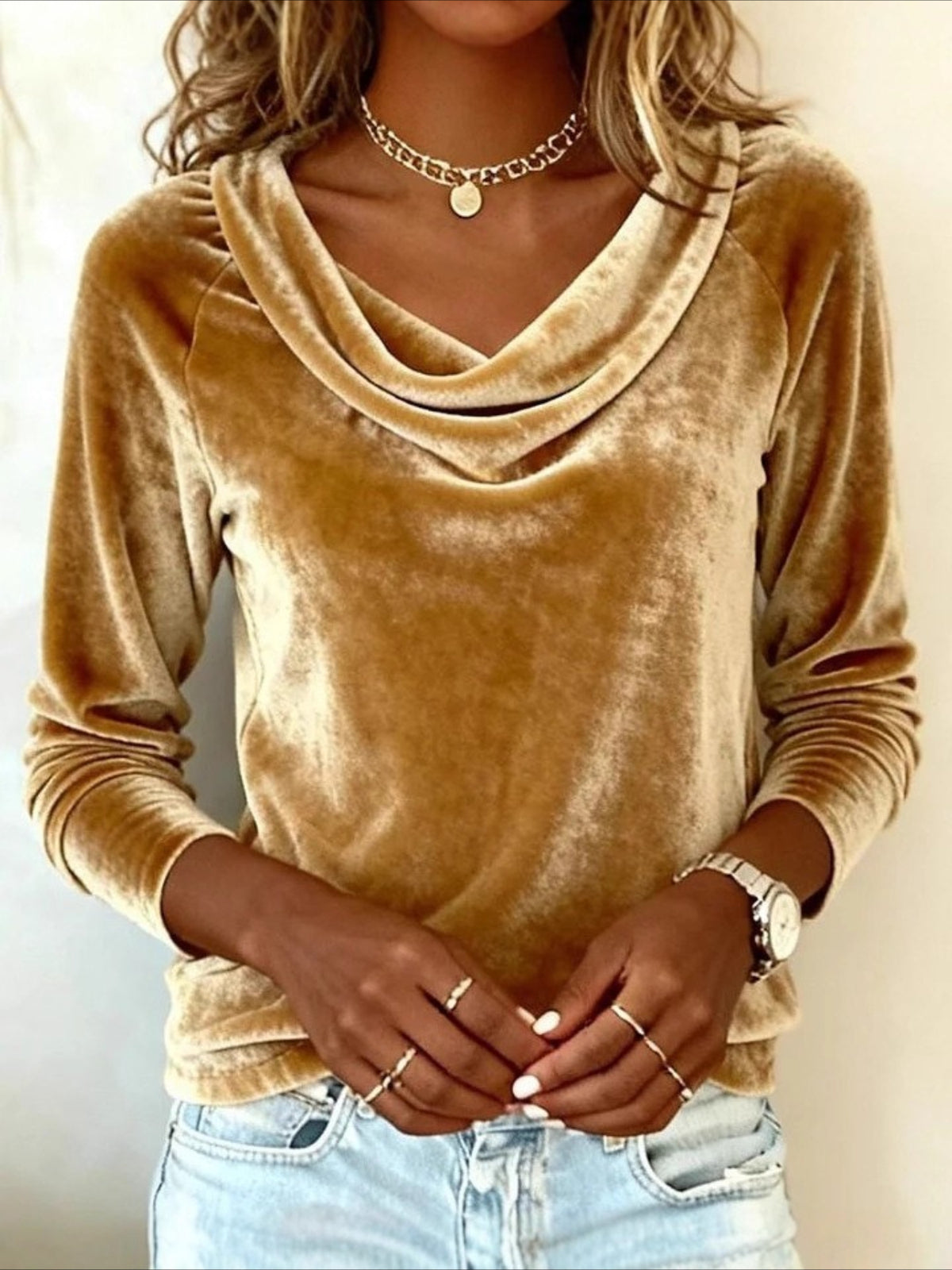 Solid Color Swinging Neck Long Sleeve Sexy Velvet T-shirt