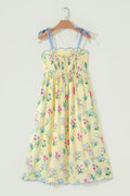 Yellow Floral Print Contrast Trim Self-tie Straps High Waist Midi Dress