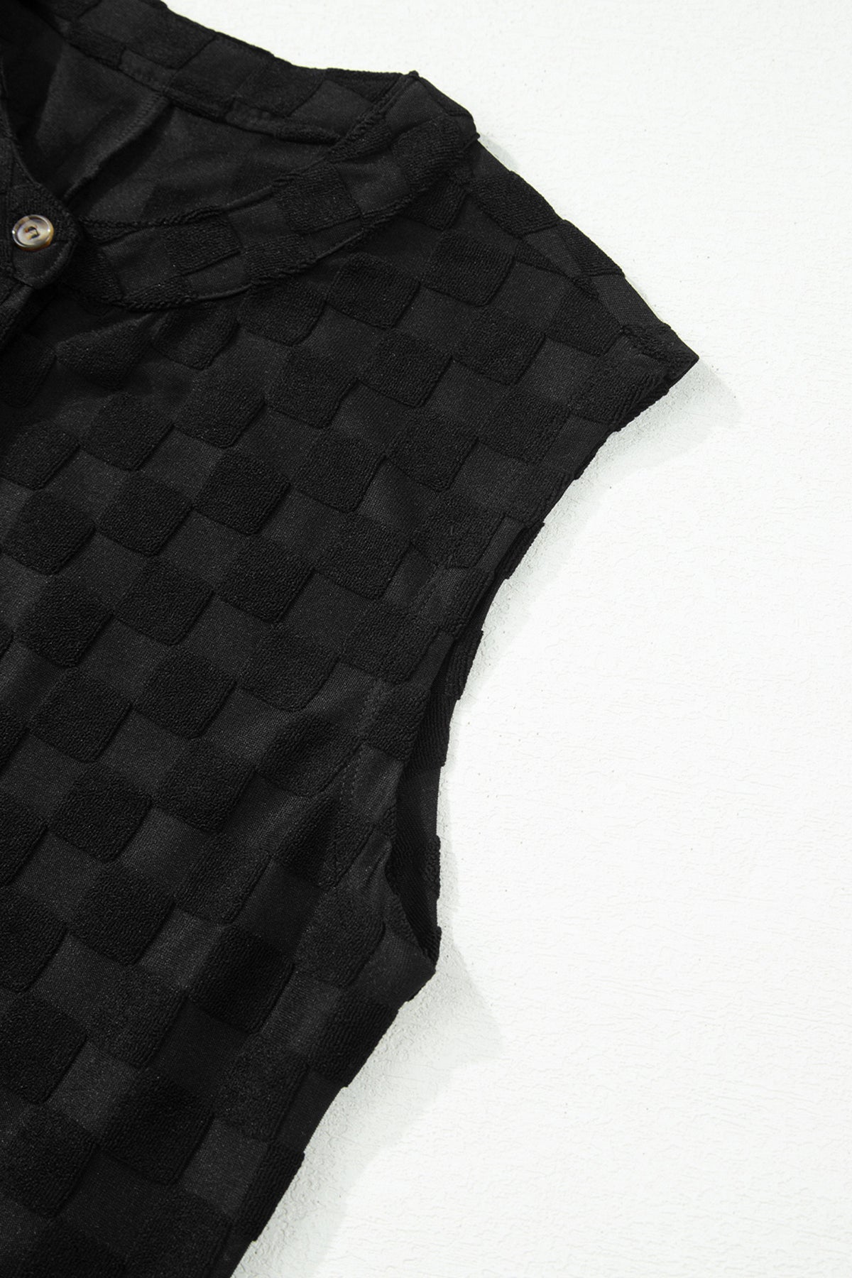 Black Half Buttons Sleeveless Wide Leg Textured Jumpsuit