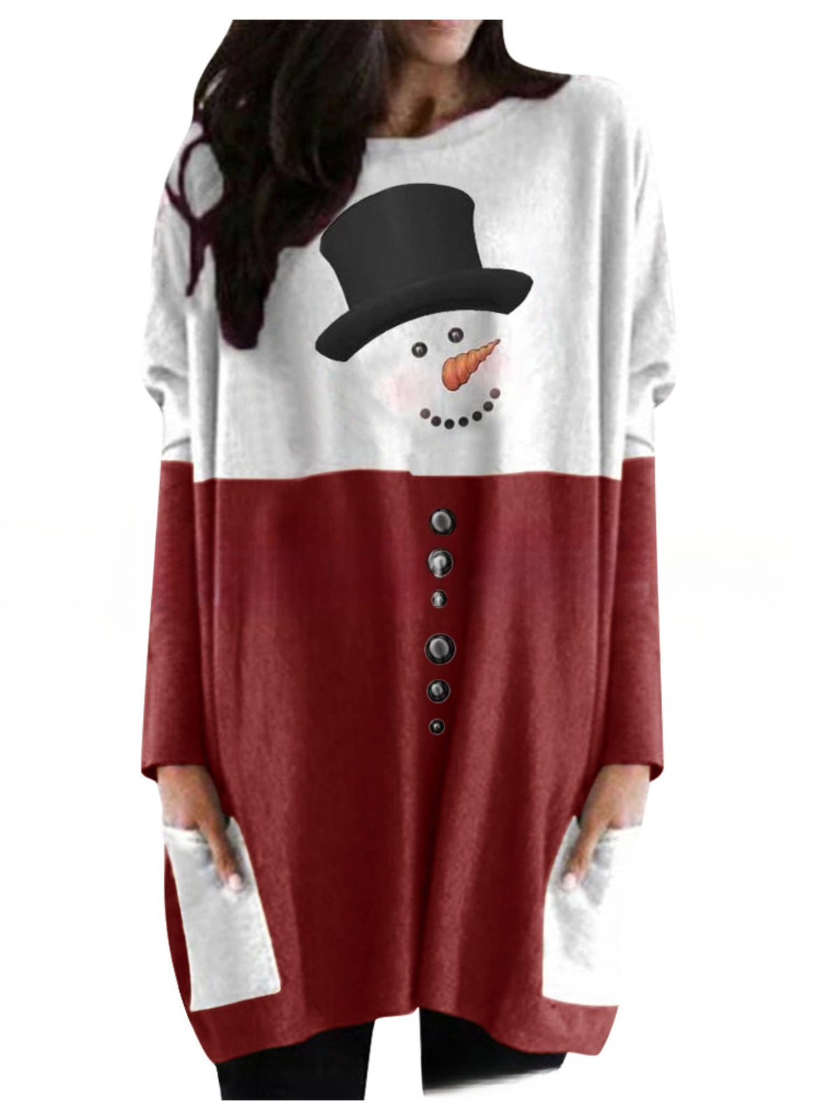 Christmas Cute Dress, Women's Snowman Print Long Sleeve Round Neck Tee Dress With Pockets