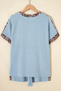 Sky Blue Leopard Trim Twist Ribbed Short Set