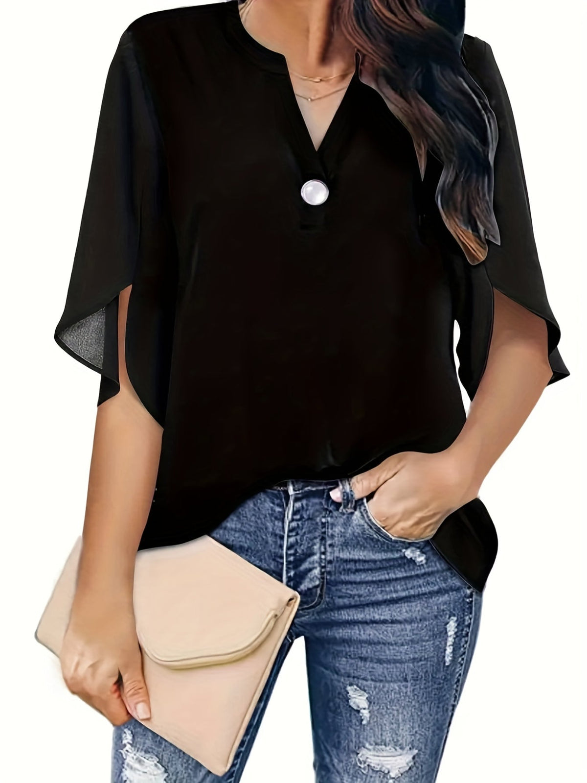 Elegant Top, Women's Plain Button Decor Half Sleeve V Neck Slight Stretch T-shirt