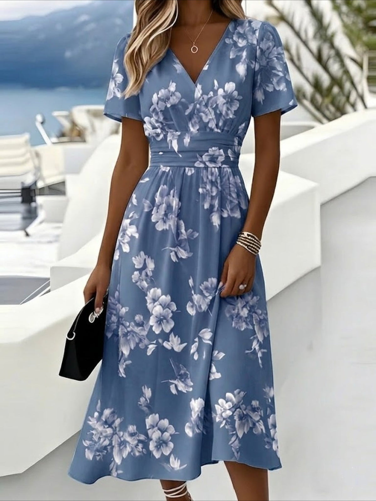 Floral Print V Neck Short Sleeve Beach A-Line Dress