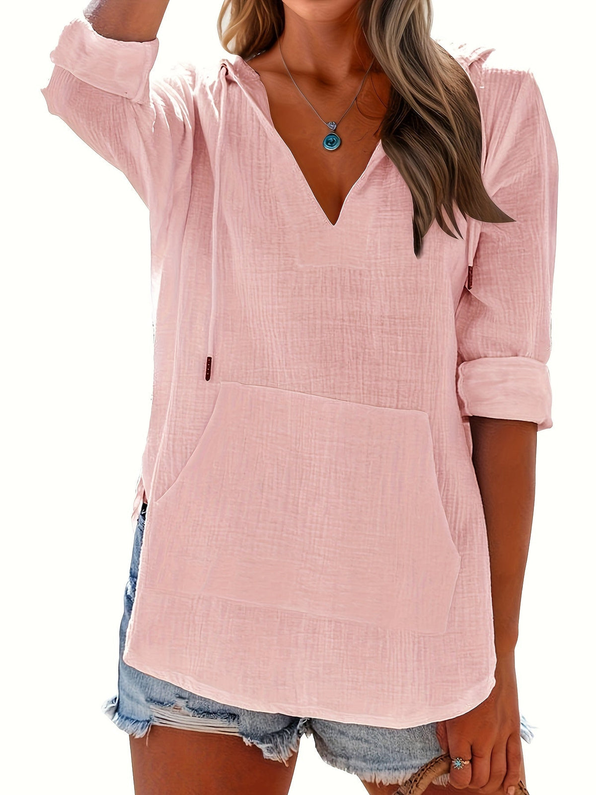 Long Sleeve V Neck Pocketed Hooded Sweatshirt