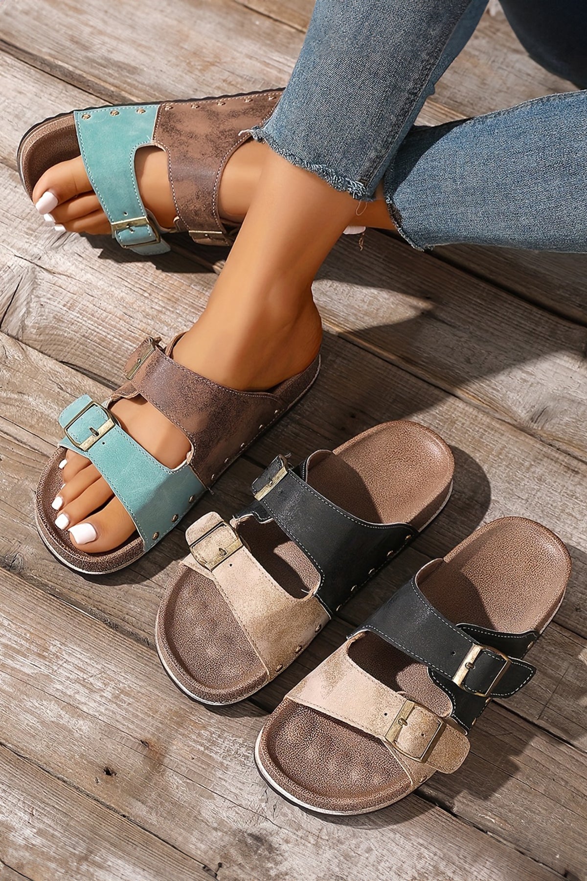 Color black Two-tone Flag Retro Buckle Straps Hollowed Faux Suede Slippers
