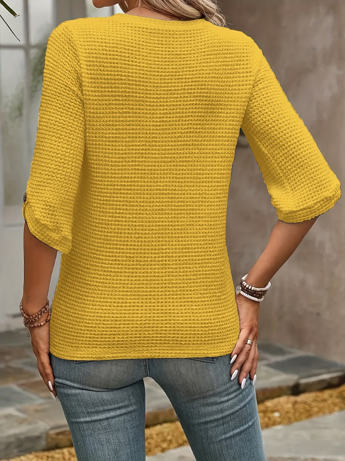 Elegant 3/4 Sleeve Loose Fit Round Neck Solid Color T-Shirt with Decorative Buttons