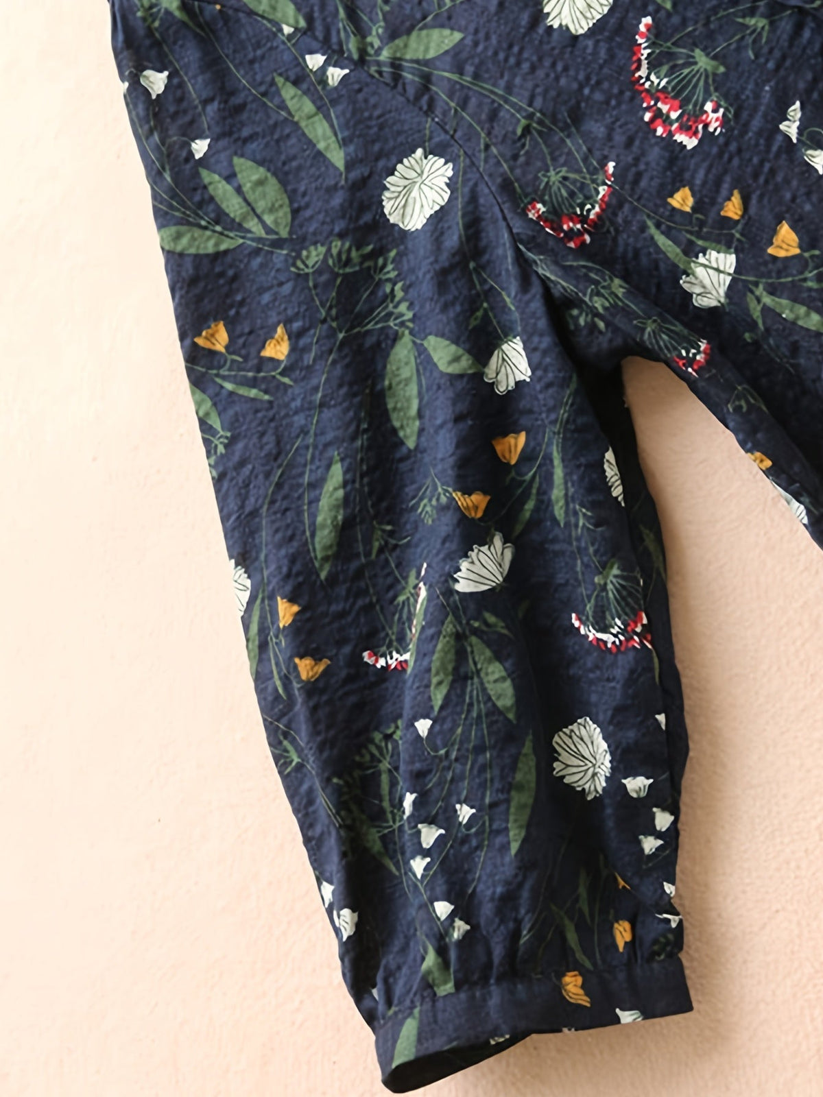 Floral Print Shirt - 3/4 Sleeve, Shirred Round Neck, Loose Fit, Ruffled Blouse