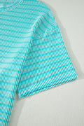 Sky Blue Stripe Raised Rib Loose Tee Drawstring Elastic Waist 2pcs Short Set