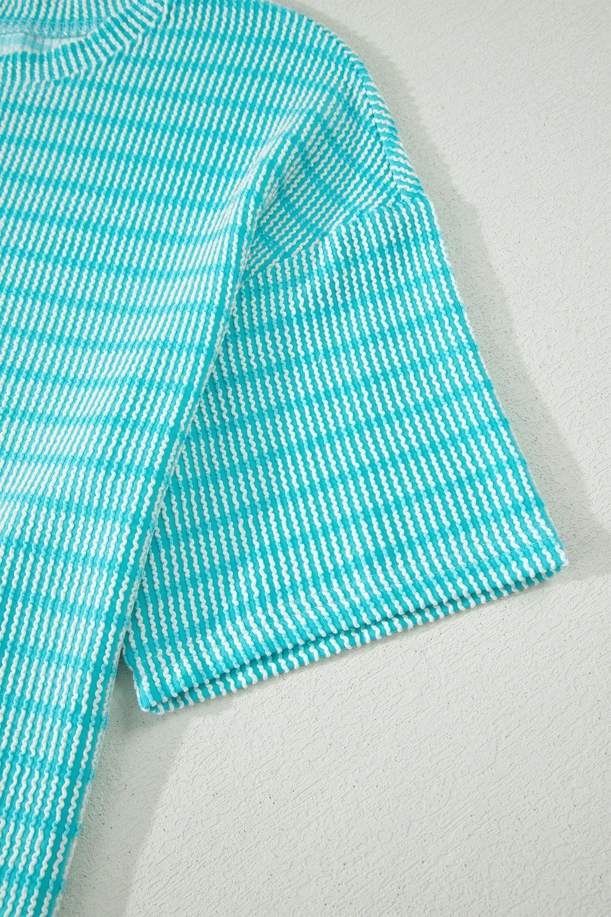 Sky Blue Stripe Raised Rib Loose Tee Drawstring Elastic Waist 2pcs Short Set