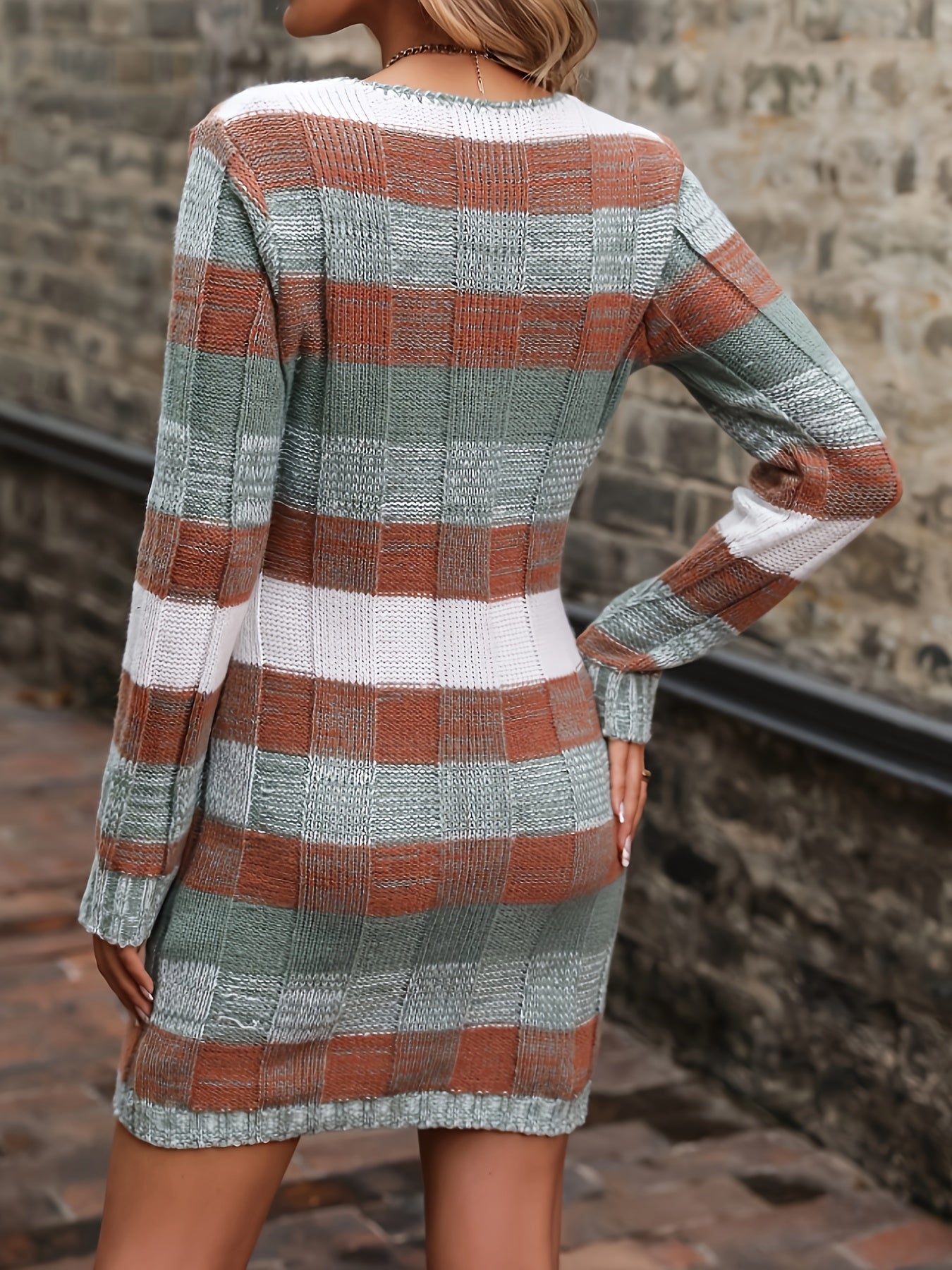 Vibrant Multicolor Striped V-Neck Long Sleeve Knitted Sweater Dress