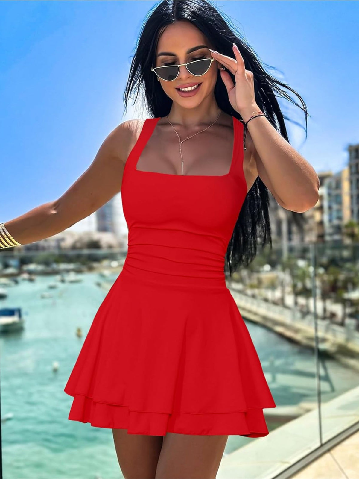 Solid Color Square Neck Ruffle Hem Ruched Waist Mini Dress