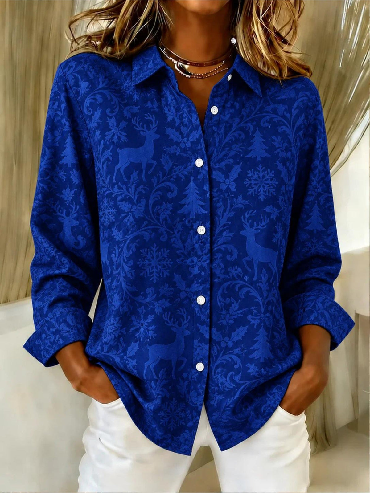 Christmas Patterns Long Sleeve Plain Regular Micro-Elasticity Regular Fit Shirt
