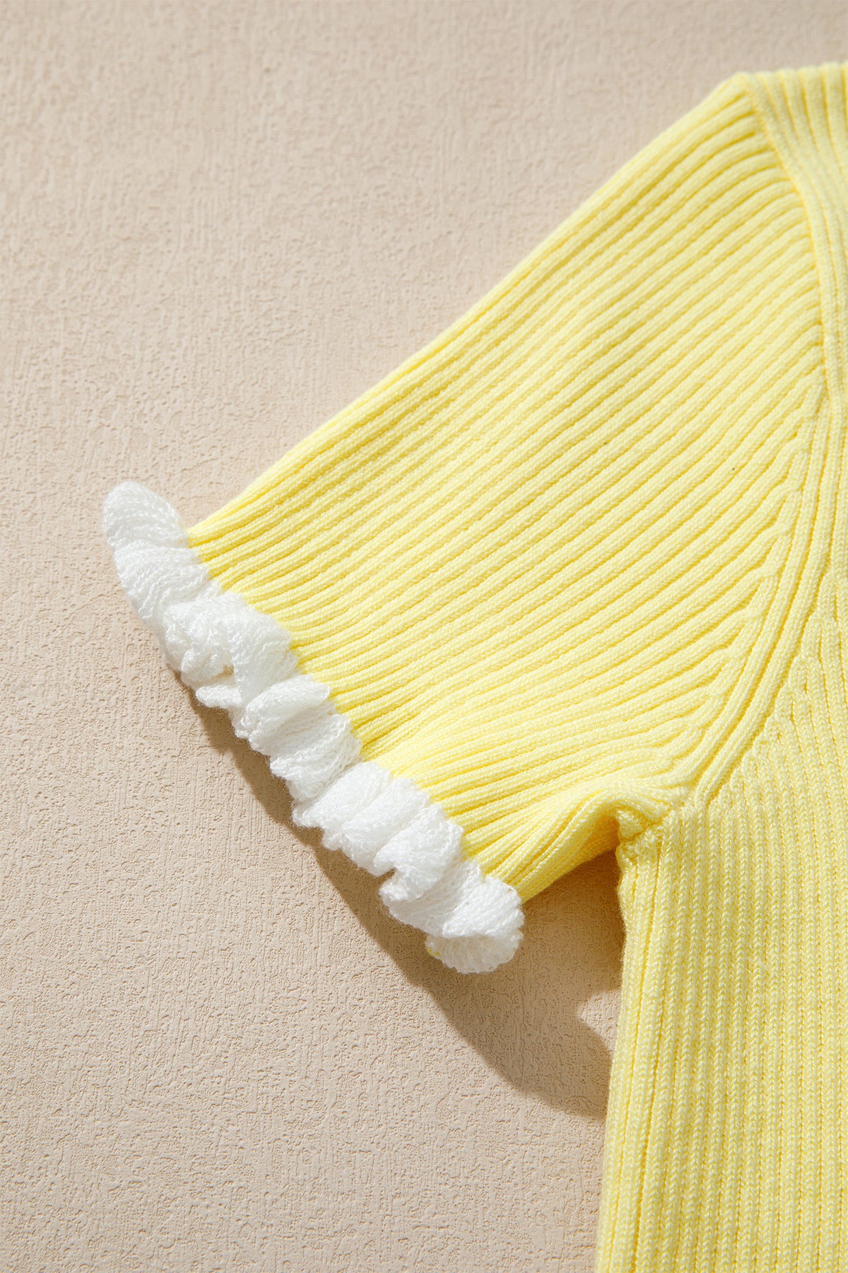 Yellow Cream Ribbed Knit Contrast Frilled Short Sleeve Sweater Cardigan