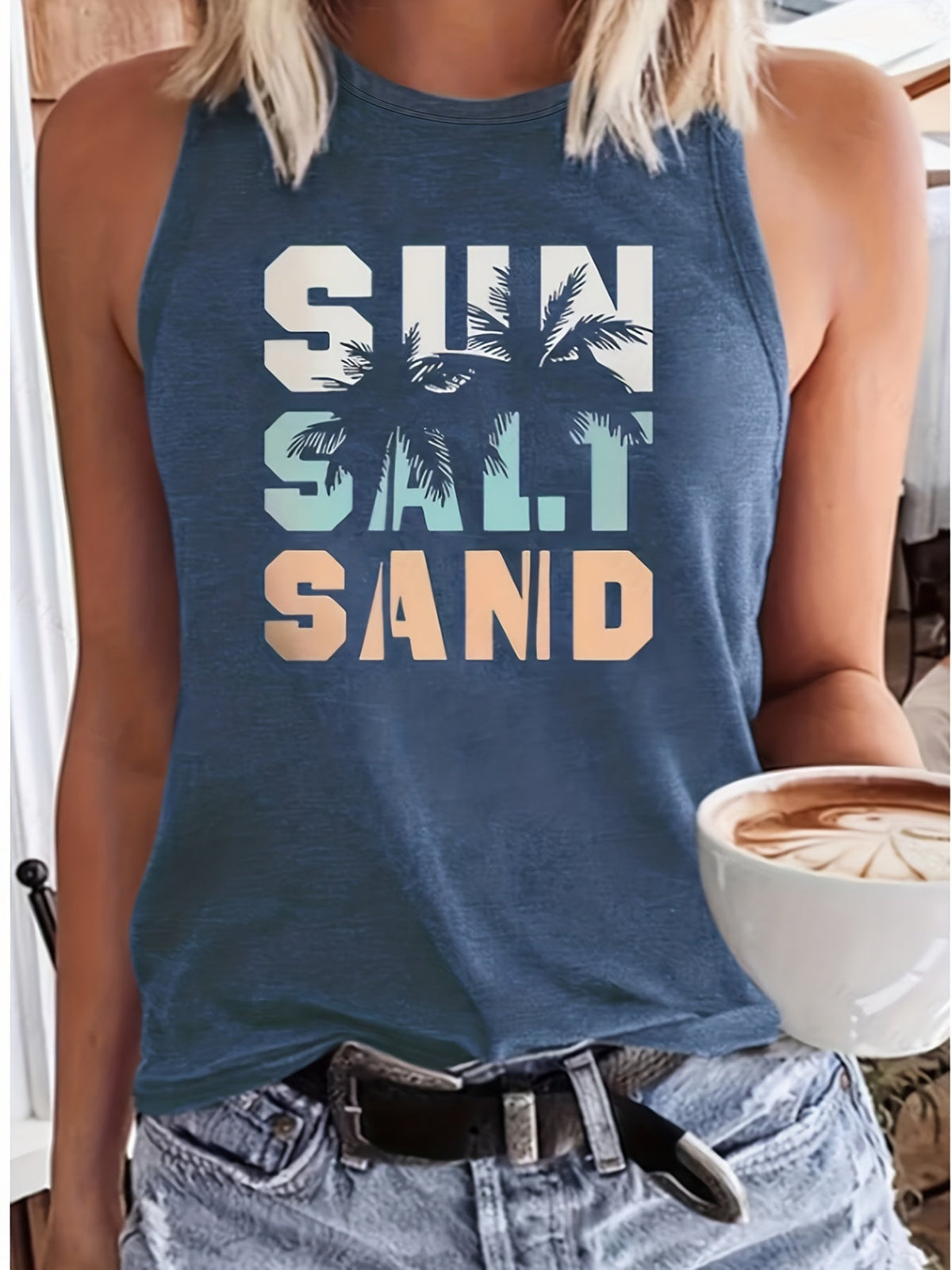Sun Salt Sand Print Tank Top, Casual Sleeveless Crew Neck Beach Tank Top