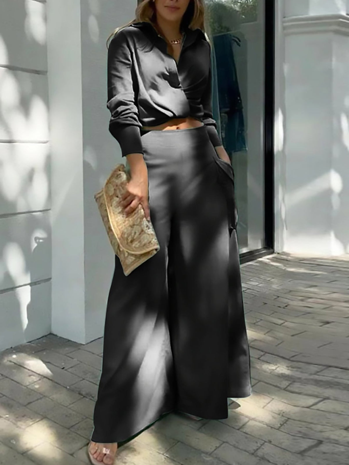 Women's Spring & Fall Loose Two-piece Set, Elegant Solid High Waist Pants And Long Sleeve Top