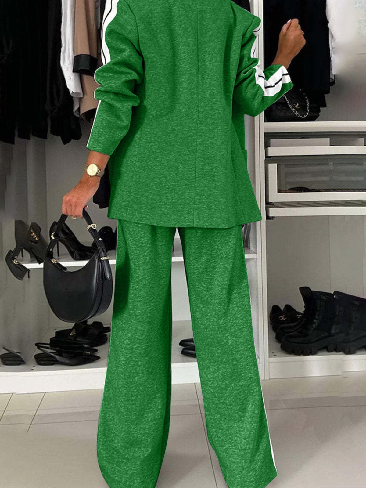 Full Size Contrast Lapel Collar Top and Pants Set