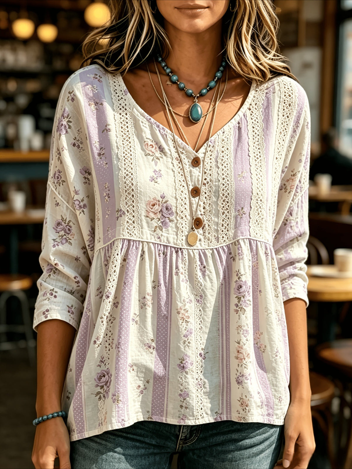 Floral Print 3/4 Sleeve V-Neck Three-Button Front Babydoll Blouse
