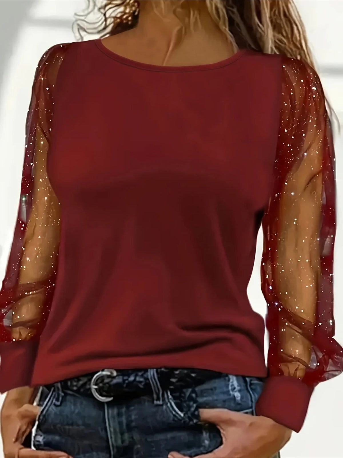Casual Long Sleeve Sequined Contrast Mesh Top