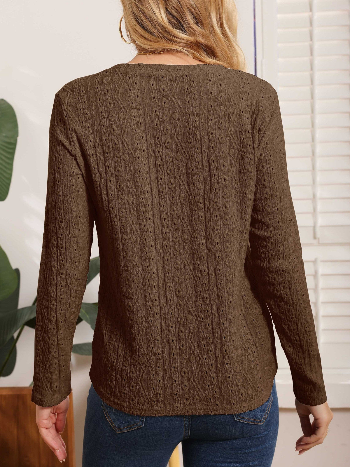 Eyelet Solid T-shirt, Casual Crew Neck Long Sleeve T-shirt